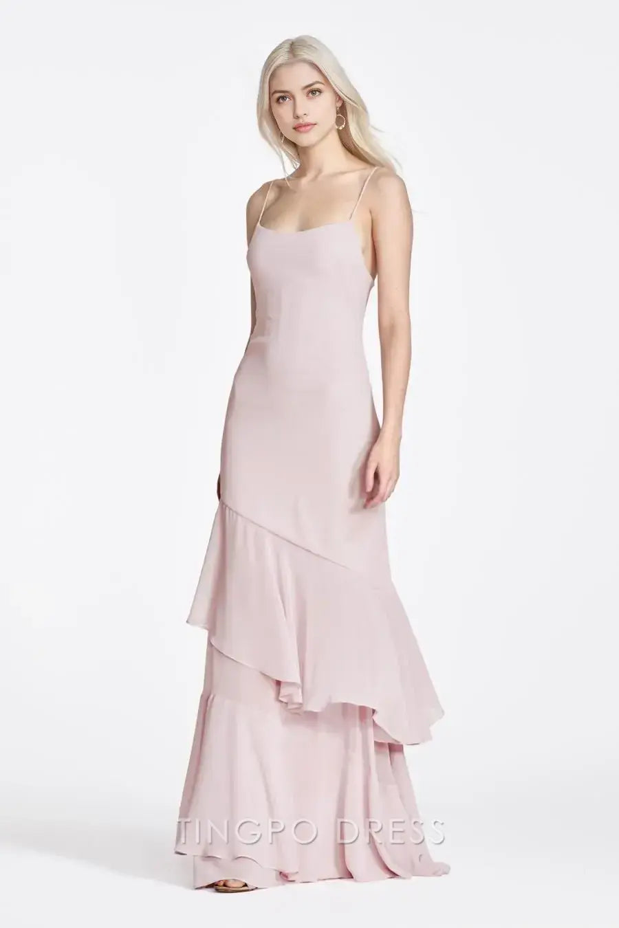 TingPo Wholesale Simple Blush Pink Spaghetti Strap Dress - Square Neck Asymmetric Hem Maxi Gown
